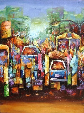 Cityscape I by Atakilt Assefa, acrylic on canvas